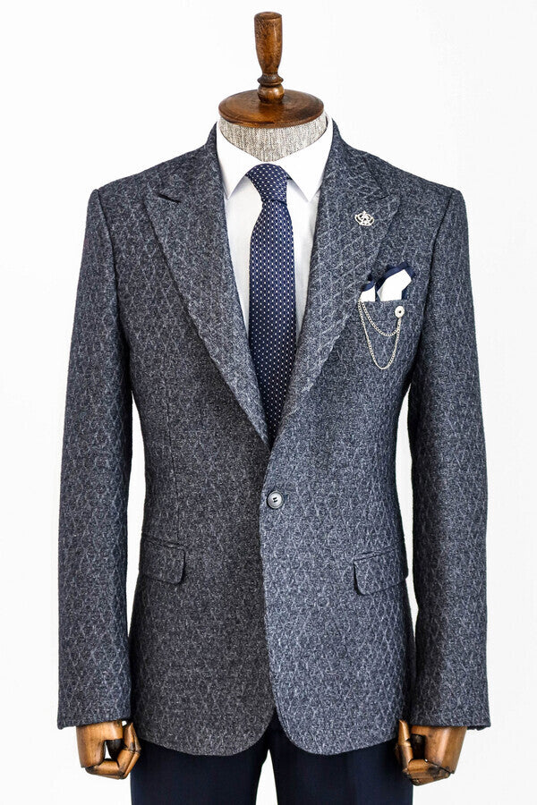 WSS Wool Patterned Slim-Fit Navy Blue Men Blazer  - Sudbury