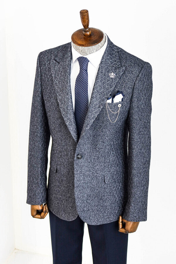 WSS Wool Patterned Slim-Fit Navy Blue Men Blazer  - Sudbury