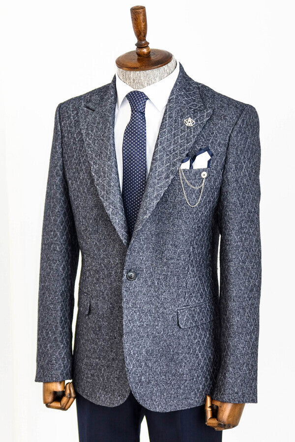 WSS Wool Patterned Slim-Fit Navy Blue Men Blazer  - Sudbury