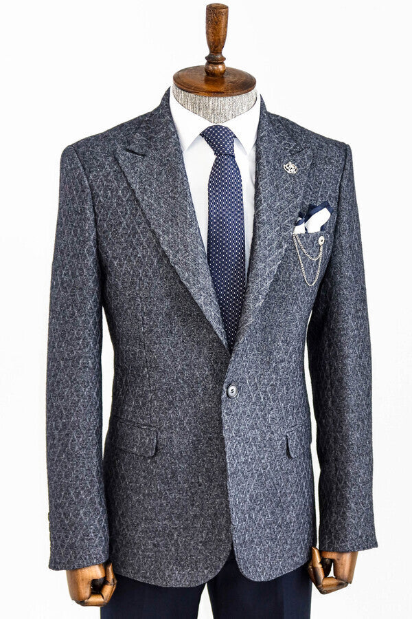 WSS Wool Patterned Slim-Fit Navy Blue Men Blazer  - Sudbury
