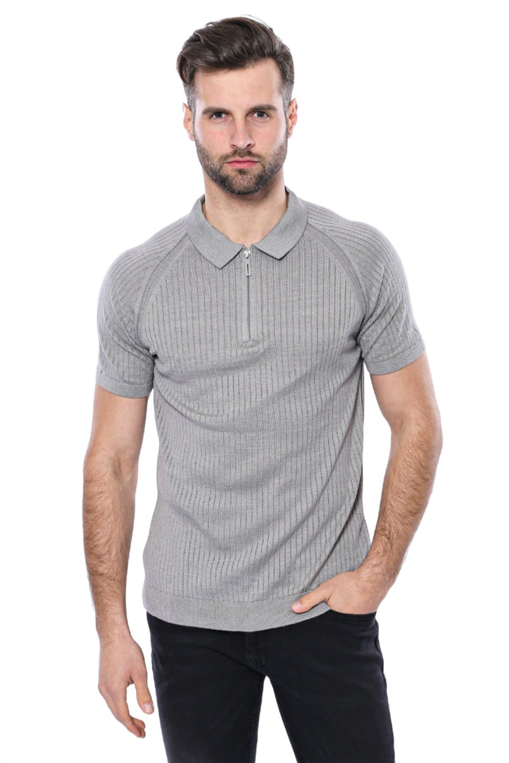 WSS Polo Zippered Patterned Grey Knitted T-Shirt  - Singen