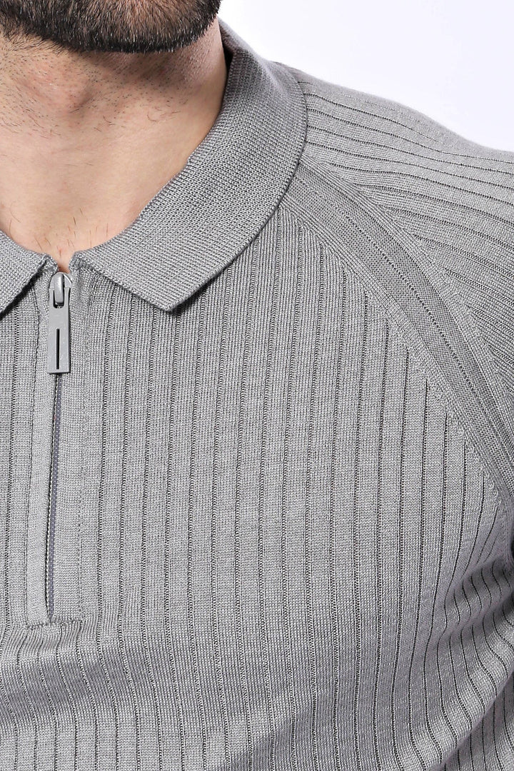 WSS Polo Zippered Patterned Grey Knitted T-Shirt  - Singen