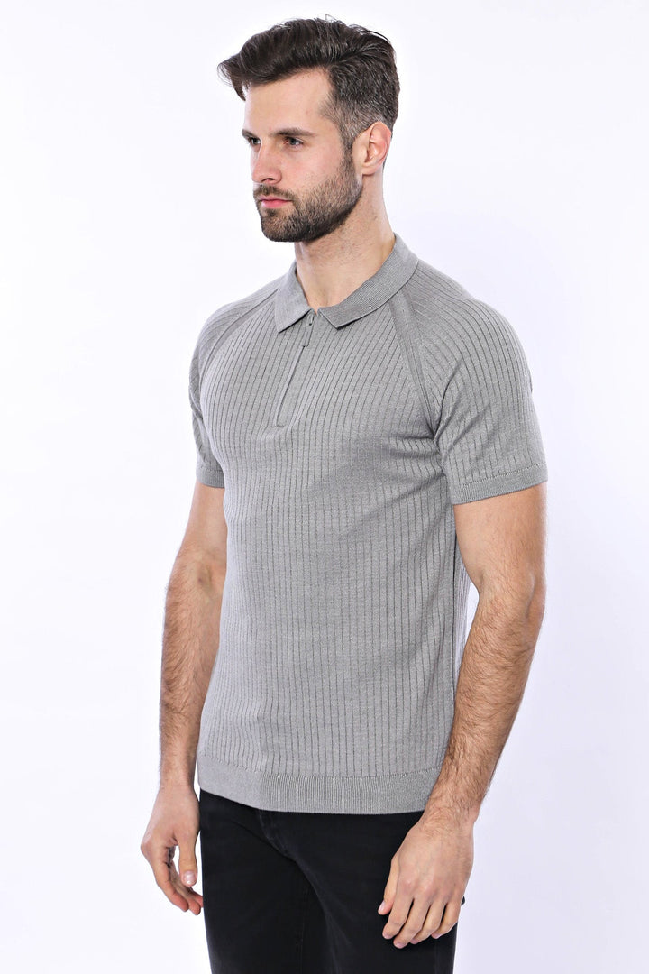 WSS Polo Zippered Patterned Grey Knitted T-Shirt  - Singen