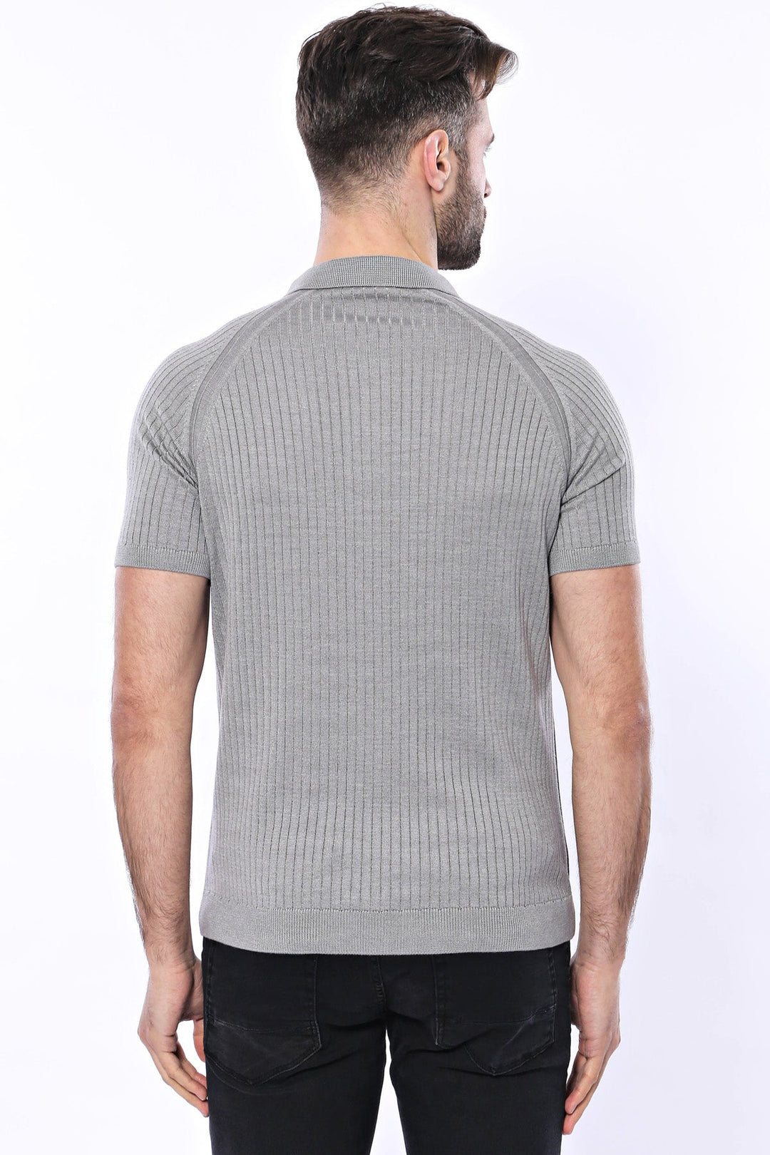 WSS Polo Zippered Patterned Grey Knitted T-Shirt  - Singen