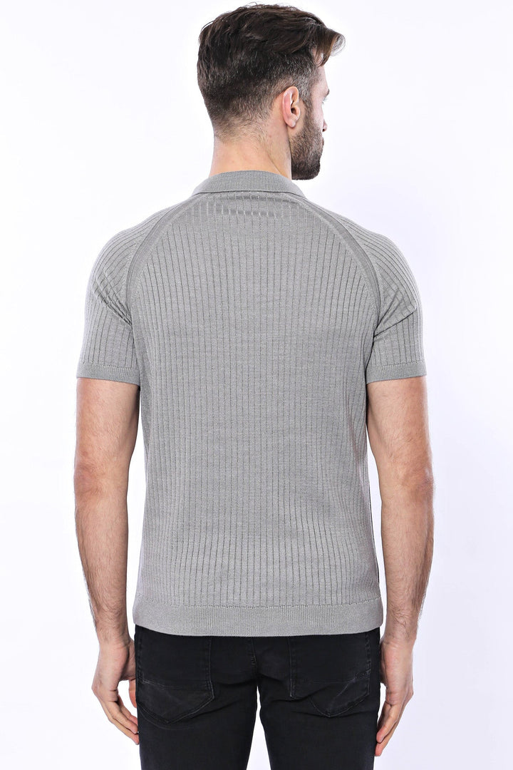 WSS Polo Zippered Patterned Grey Knitted T-Shirt  - Singen