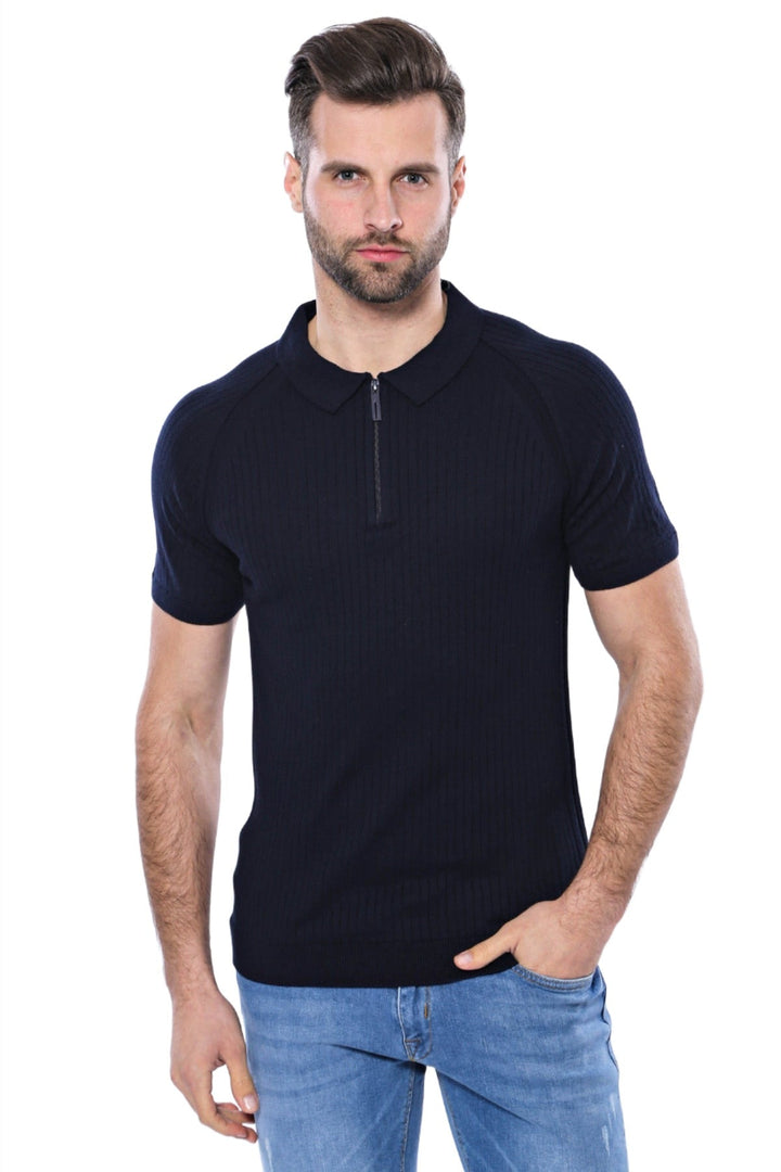 تي شيرت WSS Polo للرجال منقوش بسحاب ومحبوك باللون الأزرق الداكن - Singen