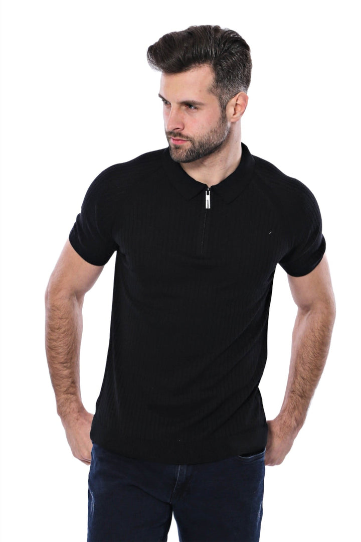 WSS Polo Zippered Patterned Black Knitted T-Shirt  - Singen