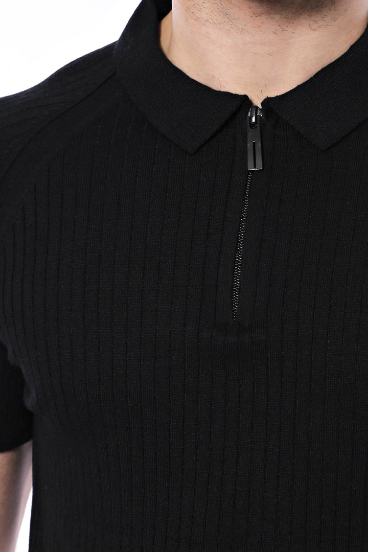 WSS Polo Zippered Patterned Black Knitted T-Shirt  - Singen