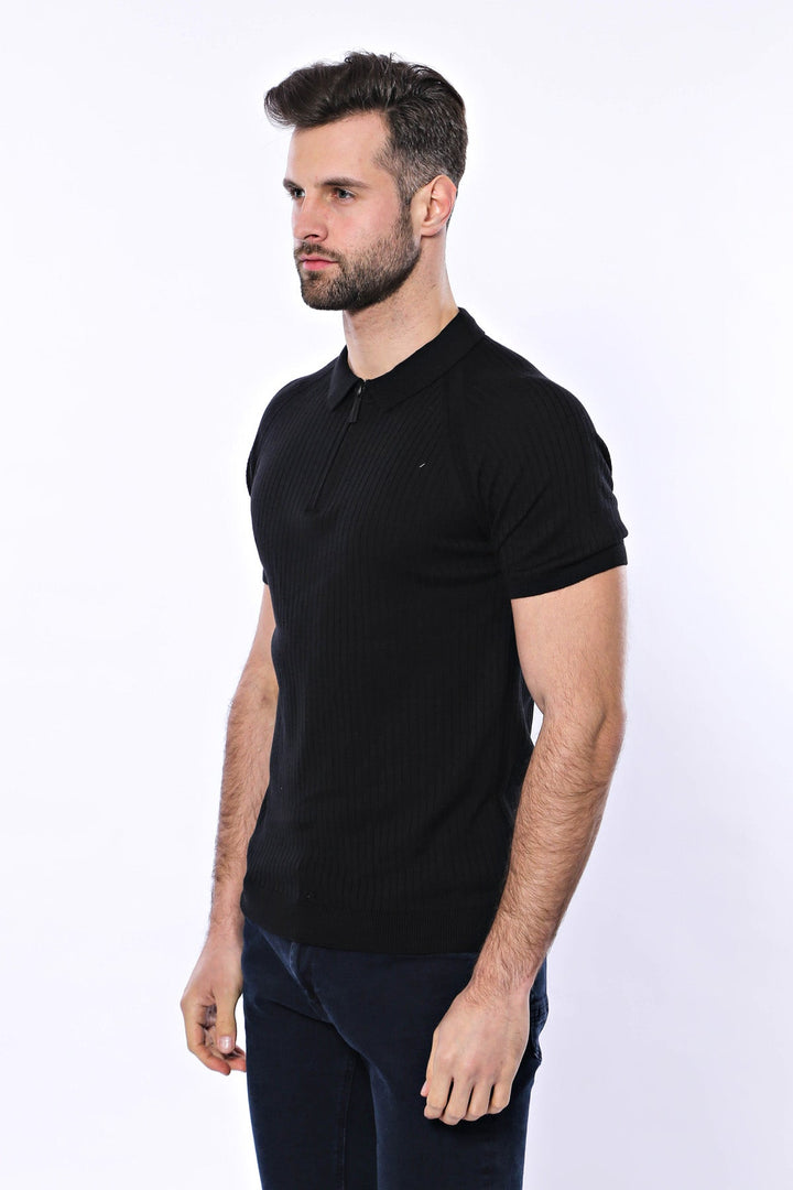 WSS Polo Zippered Patterned Black Knitted T-Shirt  - Singen