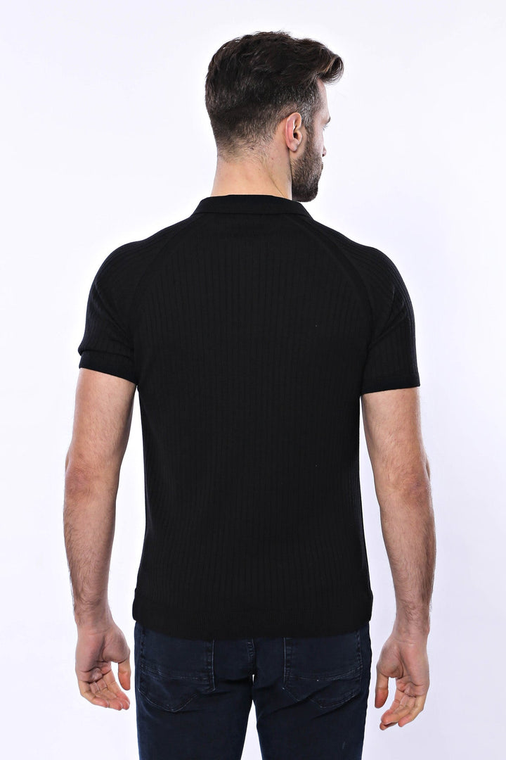 WSS Polo Zippered Patterned Black Knitted T-Shirt  - Singen