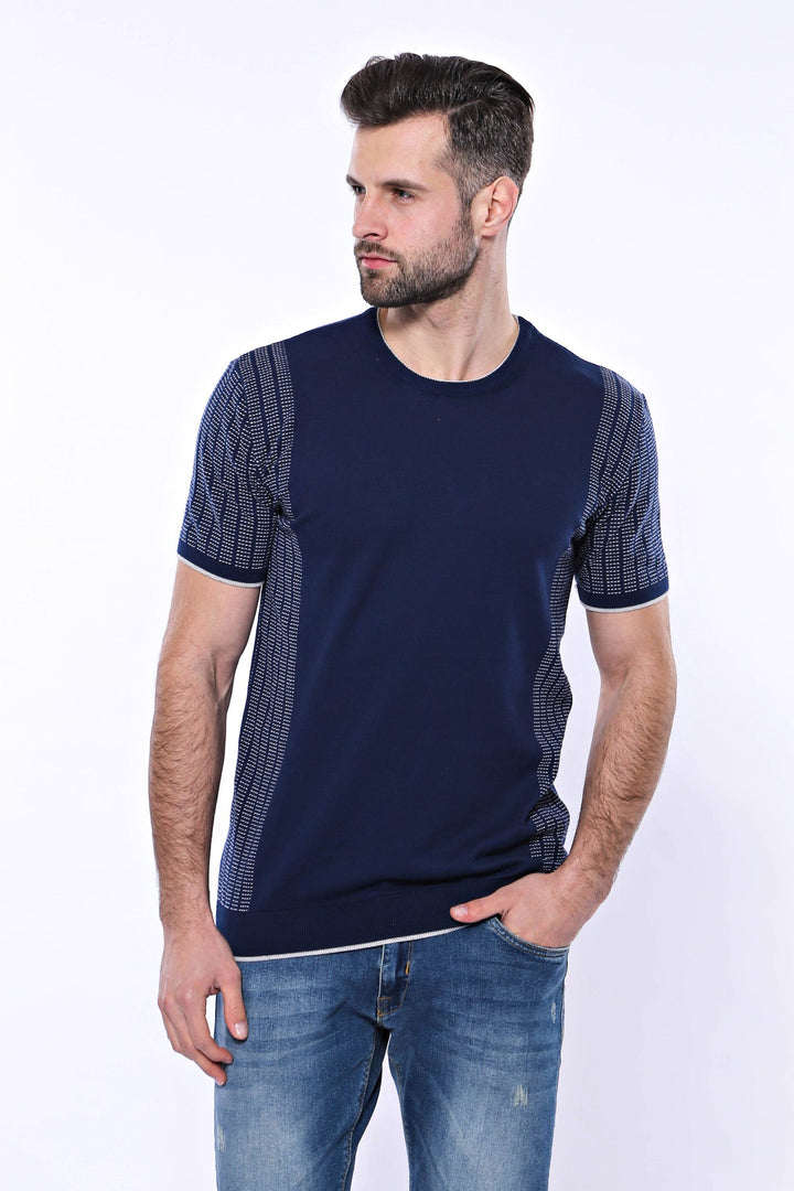WSS Circle Neck Patterned Navy Knitted T-Shirt  - Singen