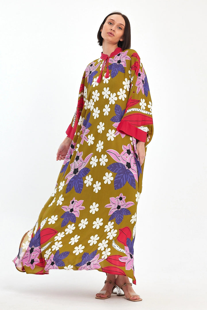 Maxi Boy Oil Green Printed Woven Viscose Dress BCVL-251069 - Níkaia