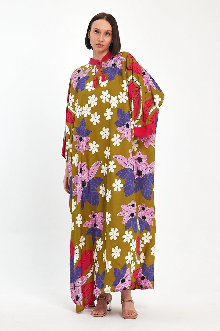 Maxi Boy Oil Green Printed Woven Viscose Dress BCVL-251069 - Níkaia