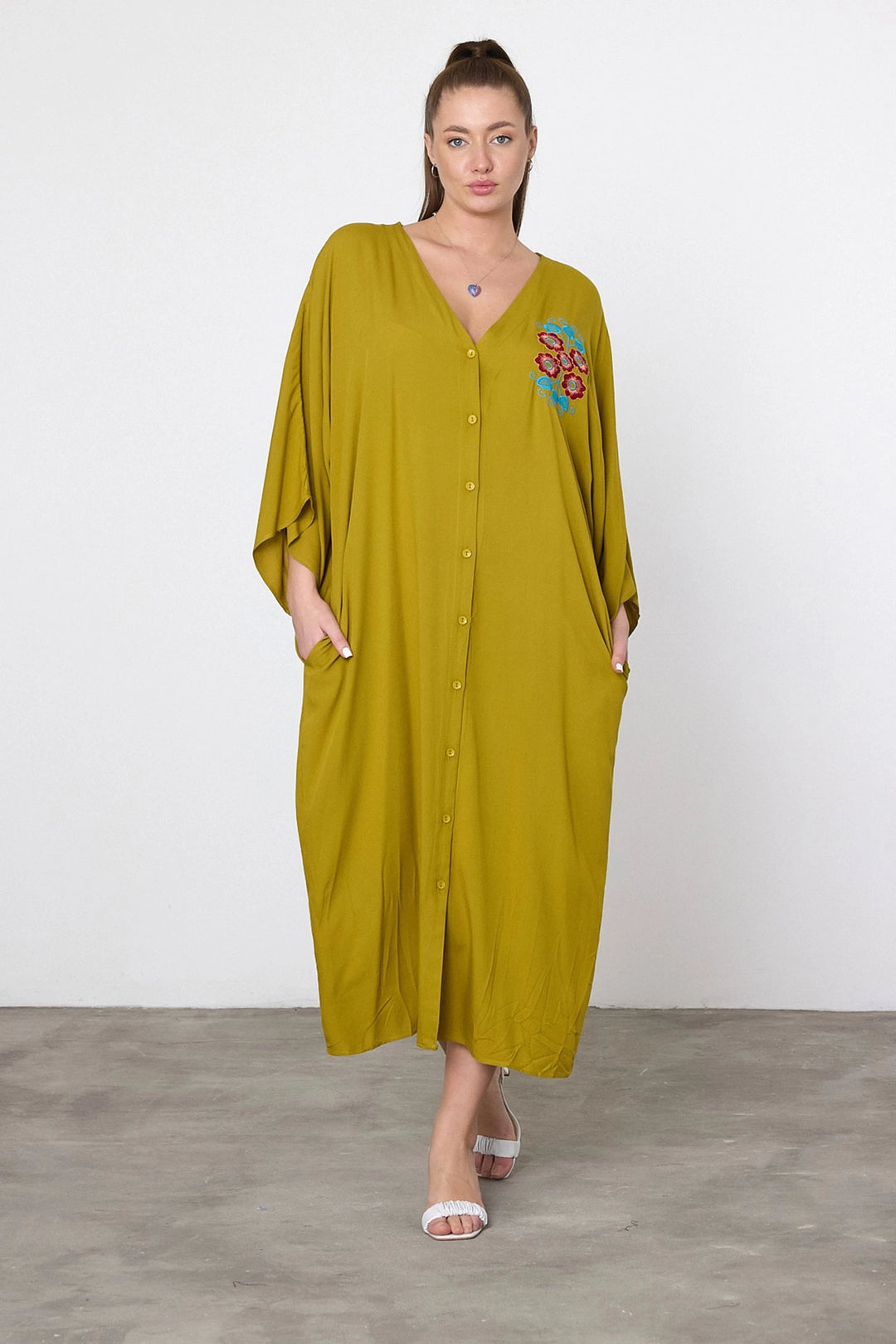 Maxi Boy Oil Green Embroidered Woven Viscose Dress BCVL-25V038 - Béziers