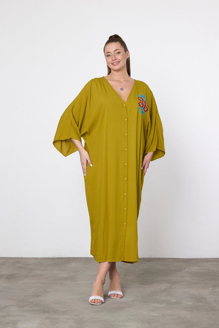 Maxi Boy Oil Green Embroidered Woven Viscose Dress BCVL-25V038 - Béziers