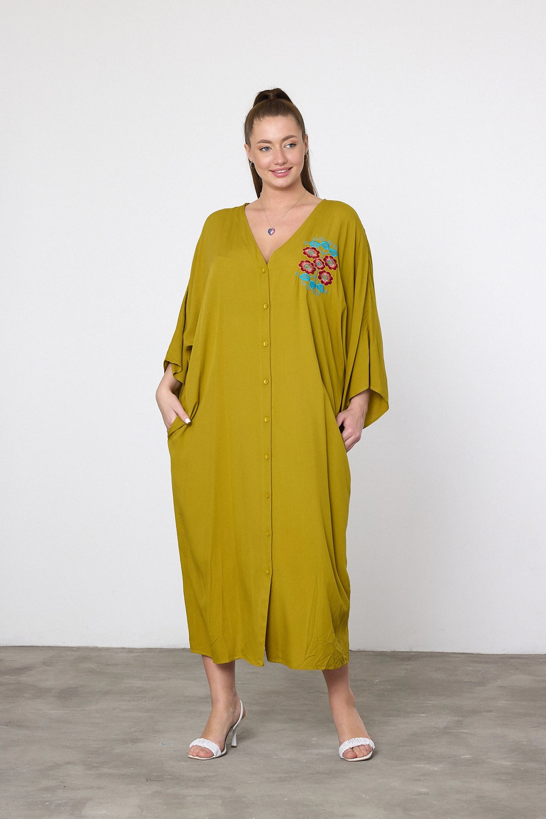 Maxi Boy Oil Green Embroidered Woven Viscose Dress BCVL-25V038 - Béziers