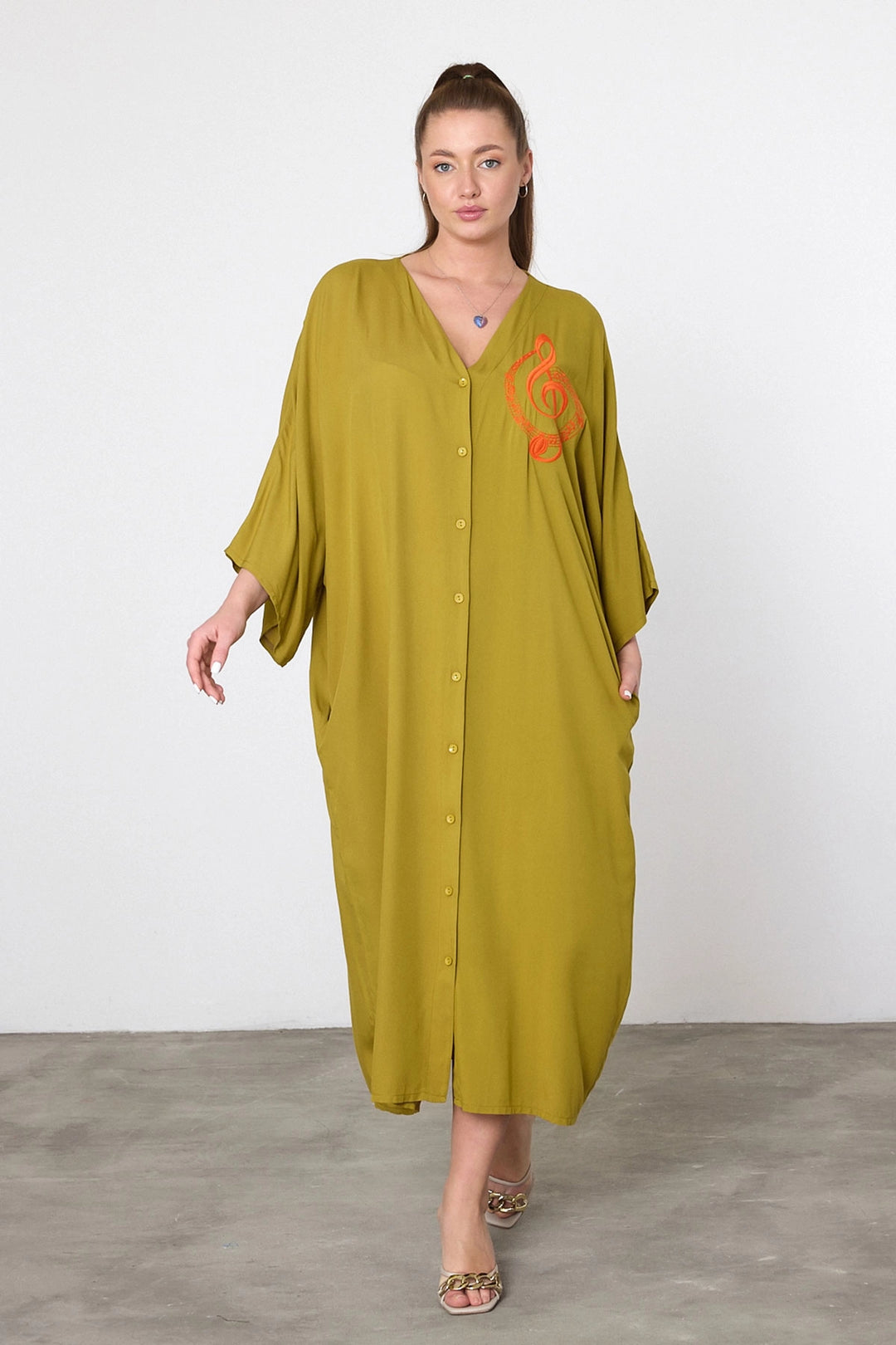 Maxi Boy Oil Green Embroidered Woven Viscose Dress BCVL-25V050 - Schenectady