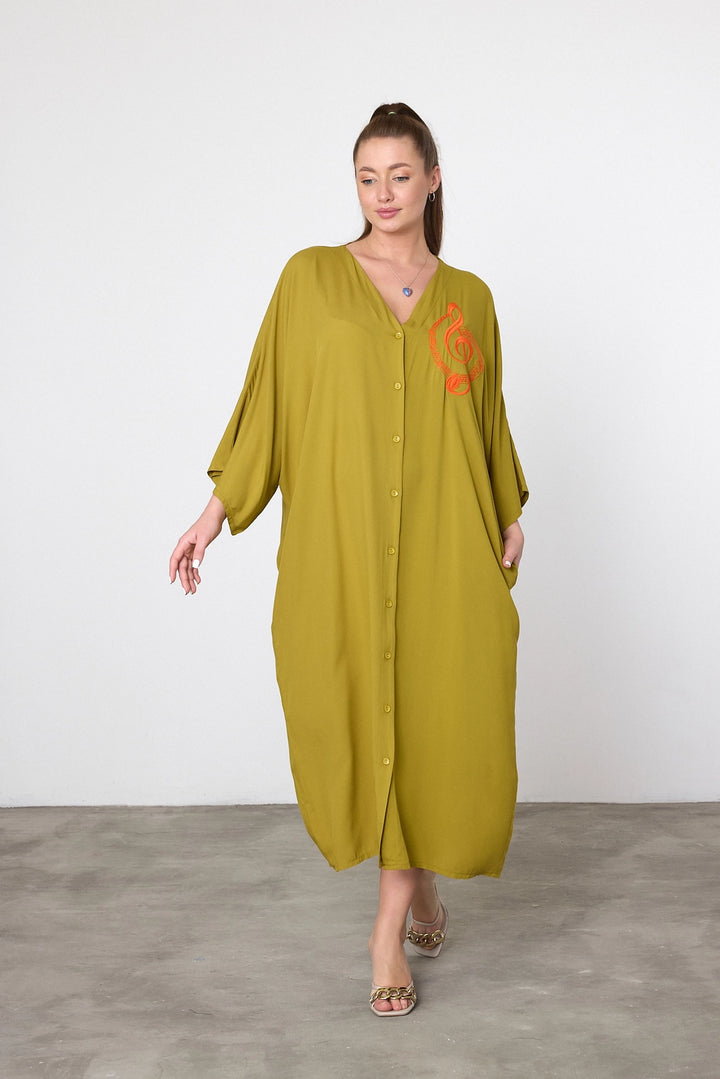 Maxi Boy Oil Green Embroidered Woven Viscose Dress BCVL-25V050 - Schenectady