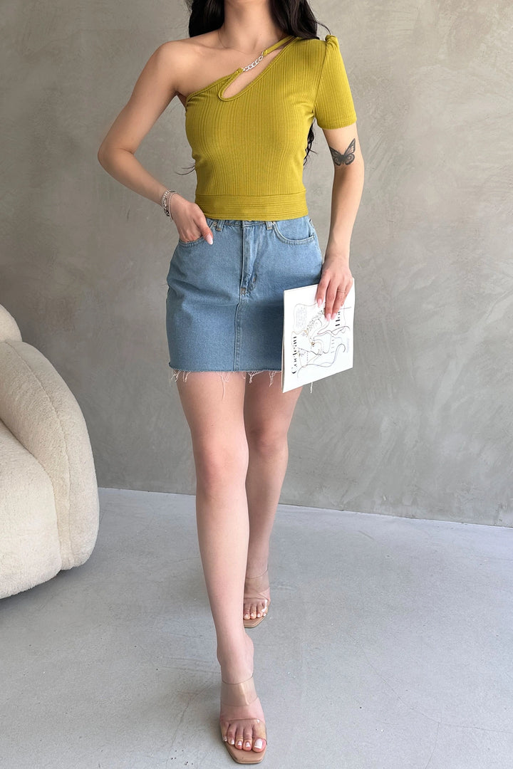 Oil Green Single Shoulder Chain Detailed Crop Blouse BCDF-252179 - Pembroke Pines
