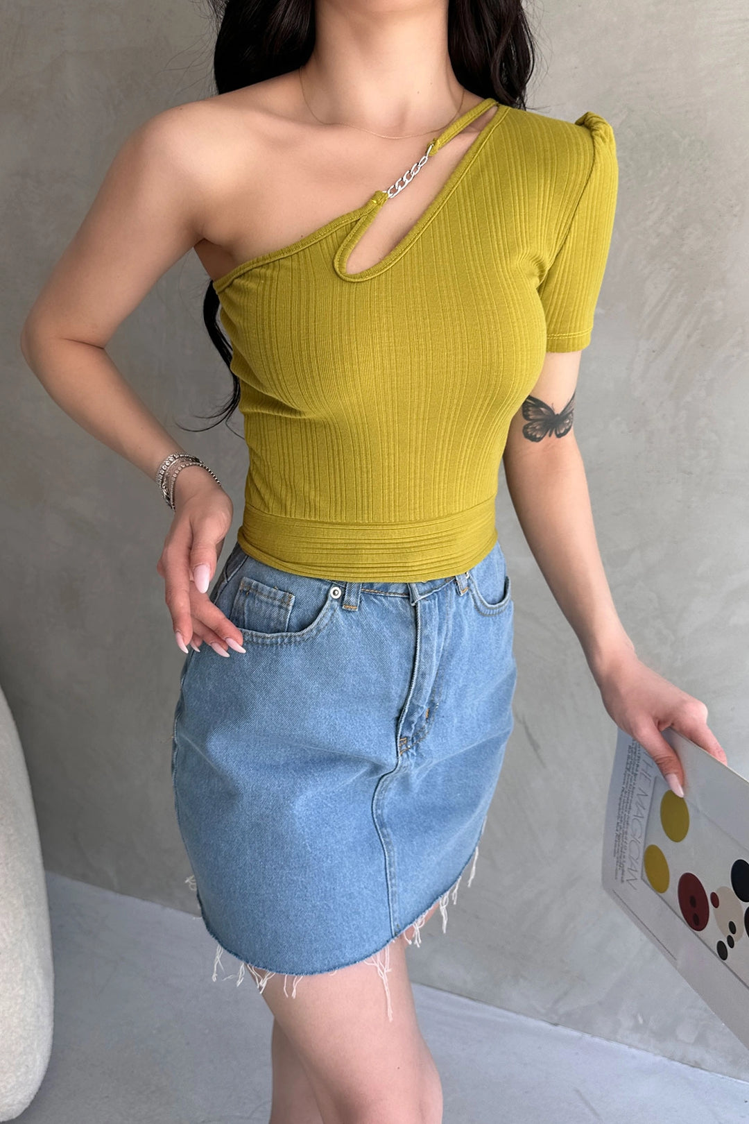 Oil Green Single Shoulder Chain Detailed Crop Blouse BCDF-252179 - Pembroke Pines