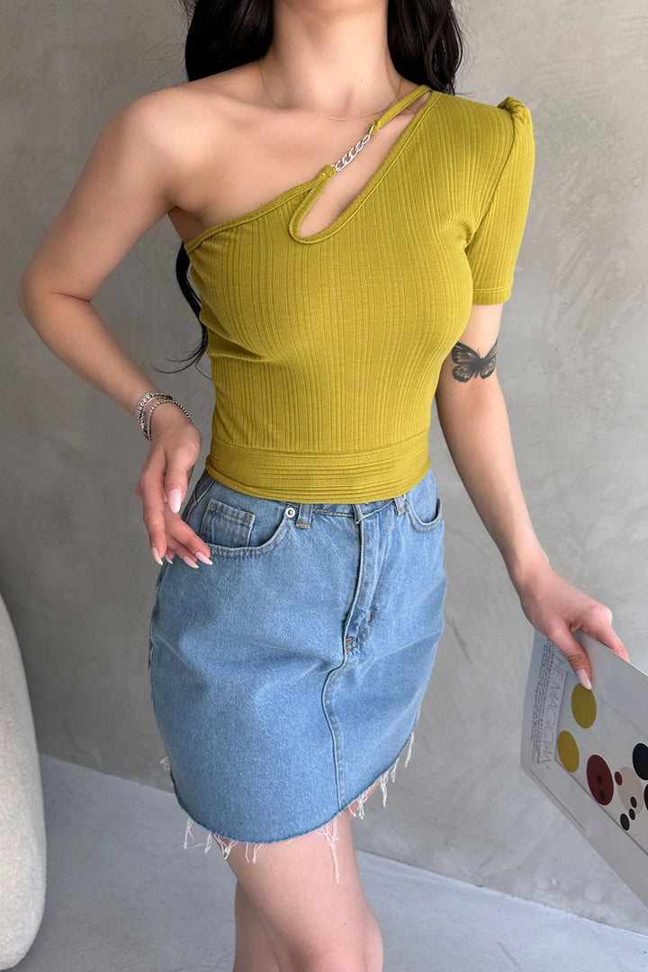 Oil Green Single Shoulder Chain Detailed Crop Blouse BCDF-252179 - Pembroke Pines