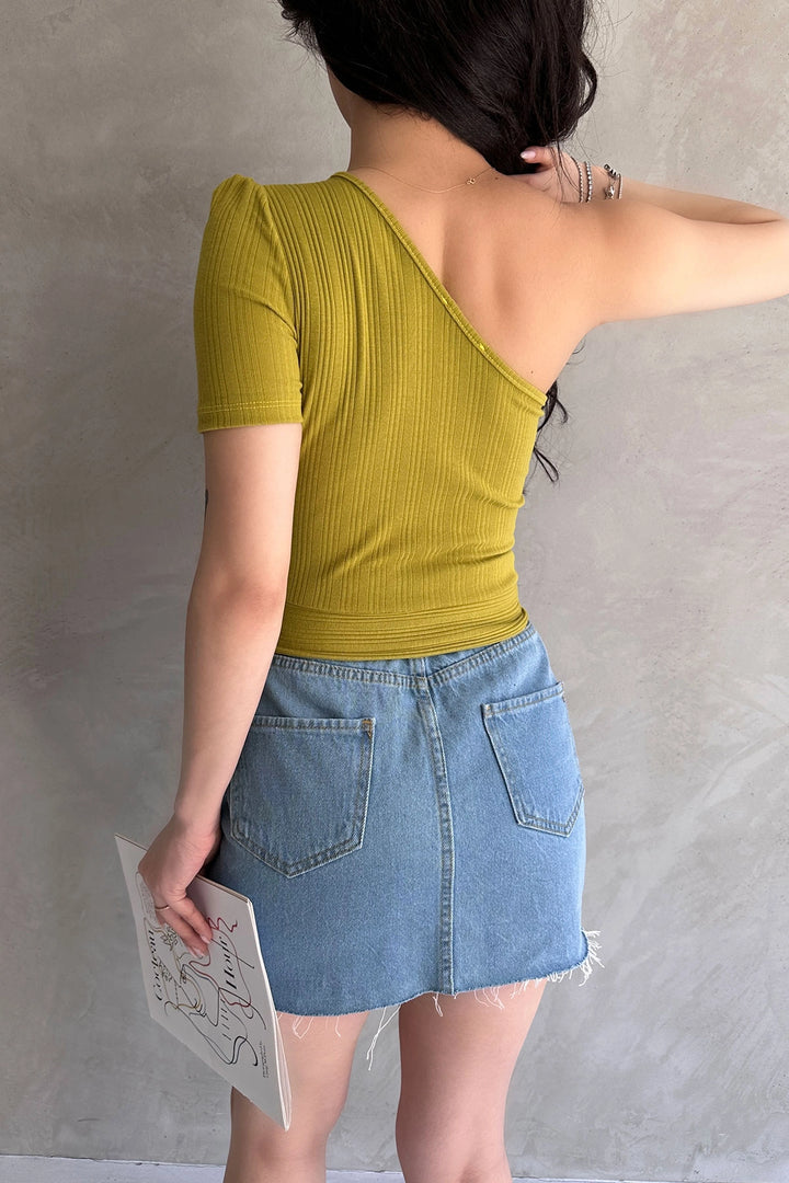 Oil Green Single Shoulder Chain Detailed Crop Blouse BCDF-252179 - Pembroke Pines