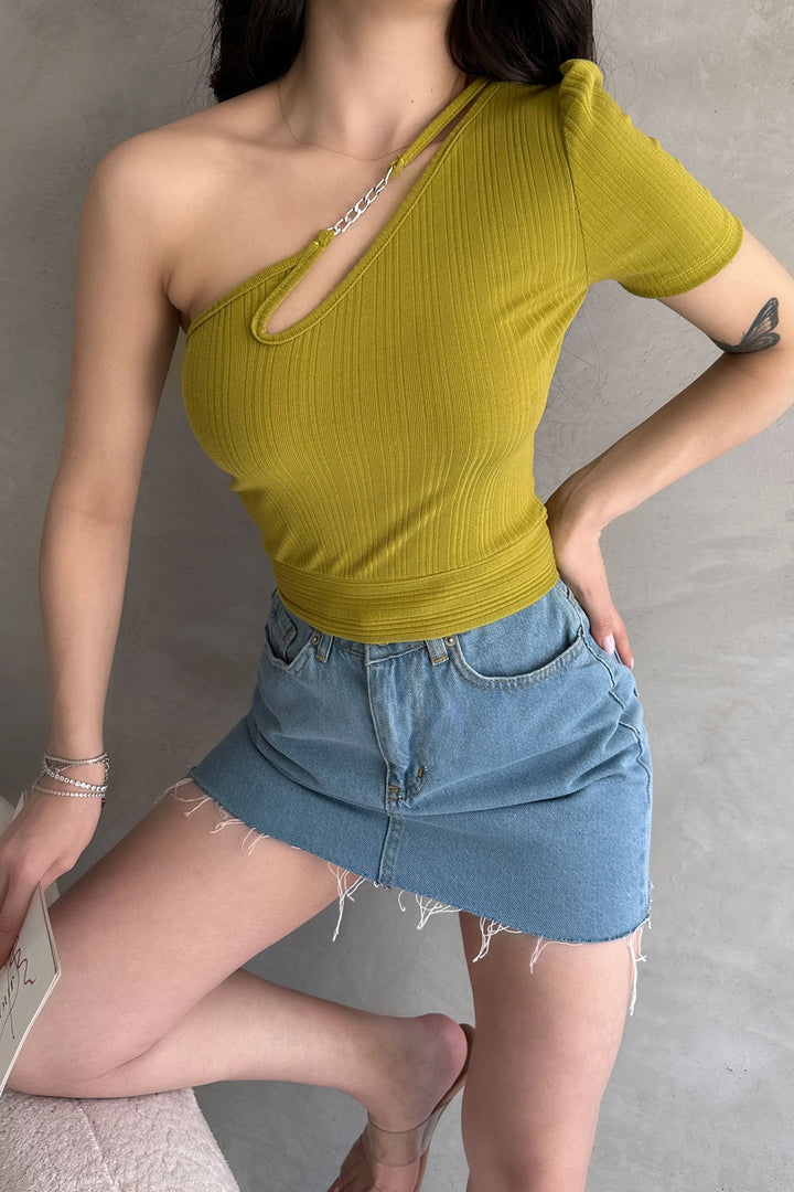 Oil Green Single Shoulder Chain Detailed Crop Blouse BCDF-252179 - Pembroke Pines