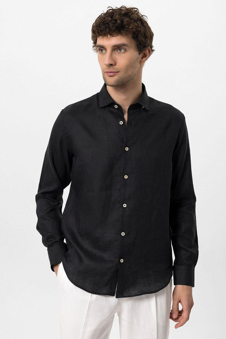 ANT Collar Button Detailed 100% Linen Men's Shirt - Augsburg