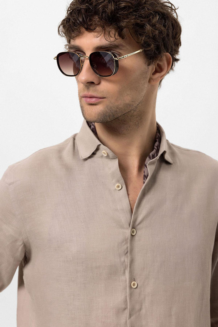 ANT Collar Button Detailed 100% Linen Men's Shirt - Jūrmala