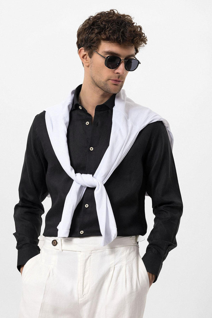 ANT Collar Button Detailed 100% Linen Men's Shirt - Augsburg