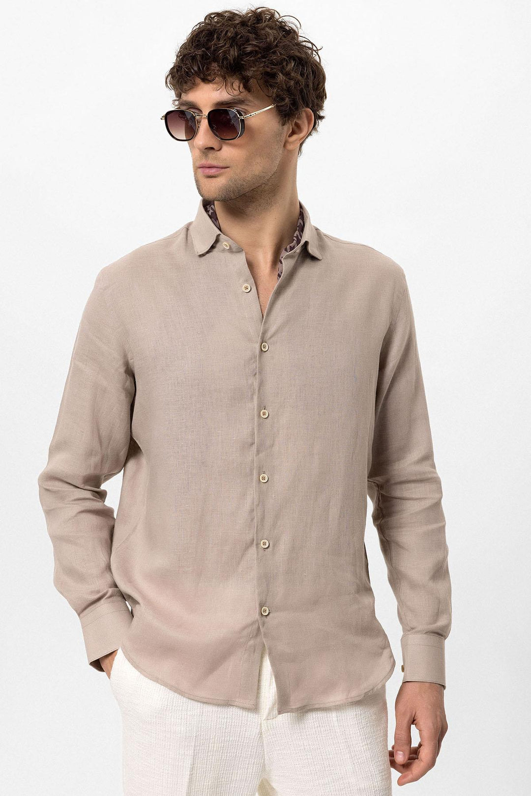ANT Collar Button Detailed 100% Linen Men's Shirt - Jūrmala
