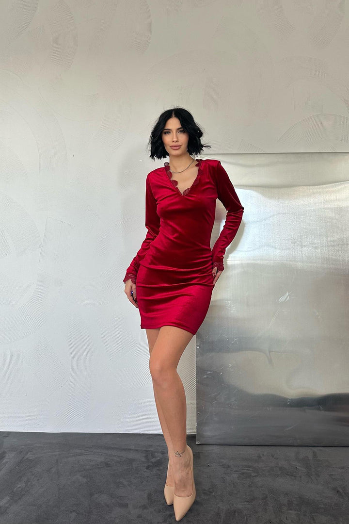 ELS Neck and Sleeve Lace Mini Dress - Red - Santiago Tuxtla