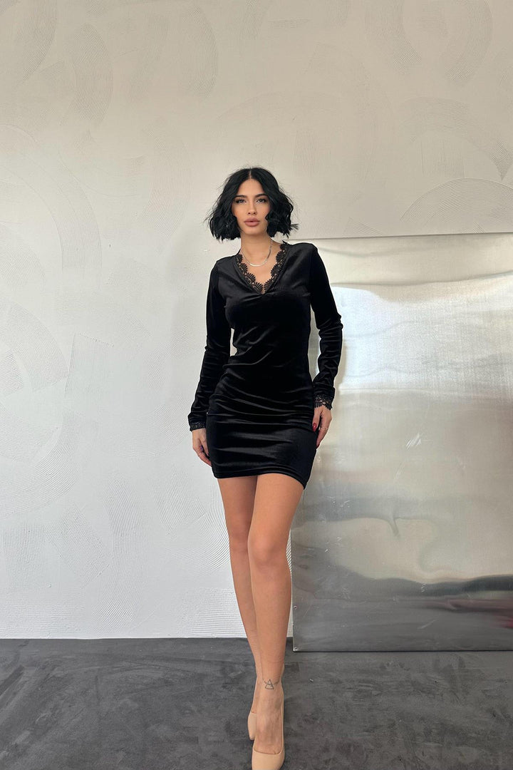 ELS Neck and Sleeve Lace Mini Dress - Black - Grand Forks