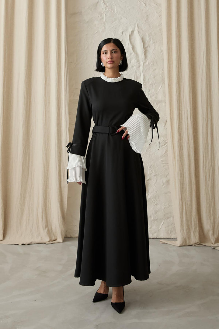 ELS Pleated Dress with Collar and Sleeves - Black - Portage