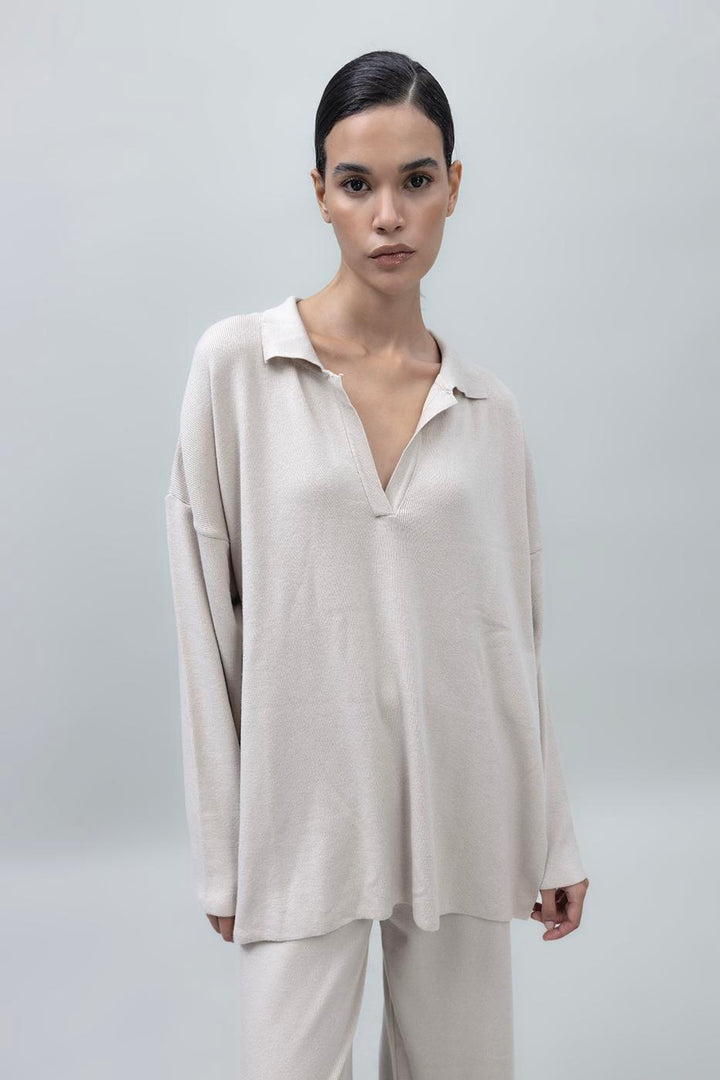 BSL Women Shirt Collar Oversize Knit Pullover - Simi Valley