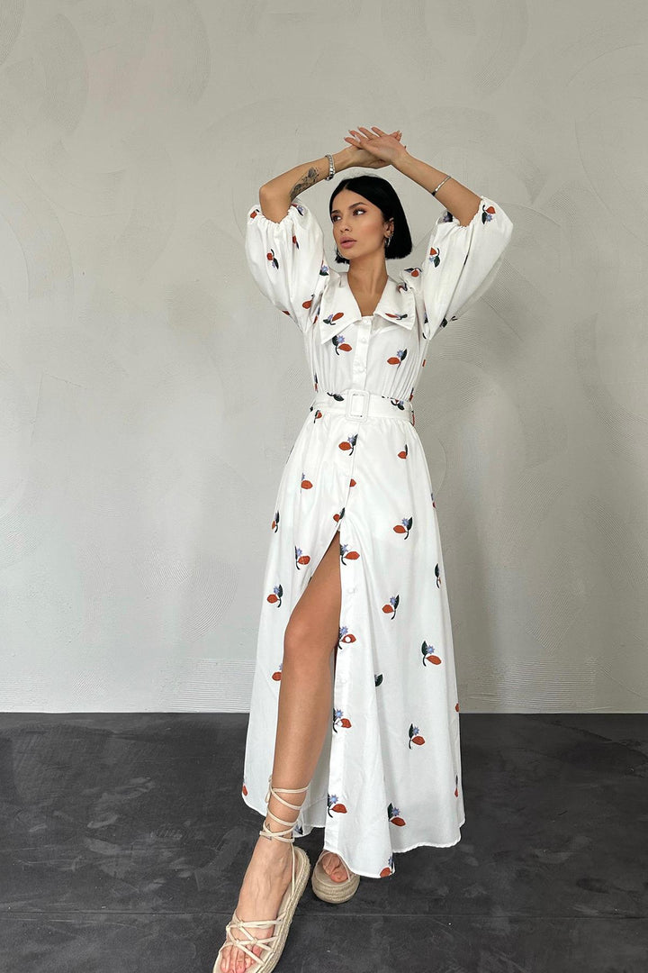 ELS Dress with Floral Patterned Collar and Belt - Blue - Waukegan