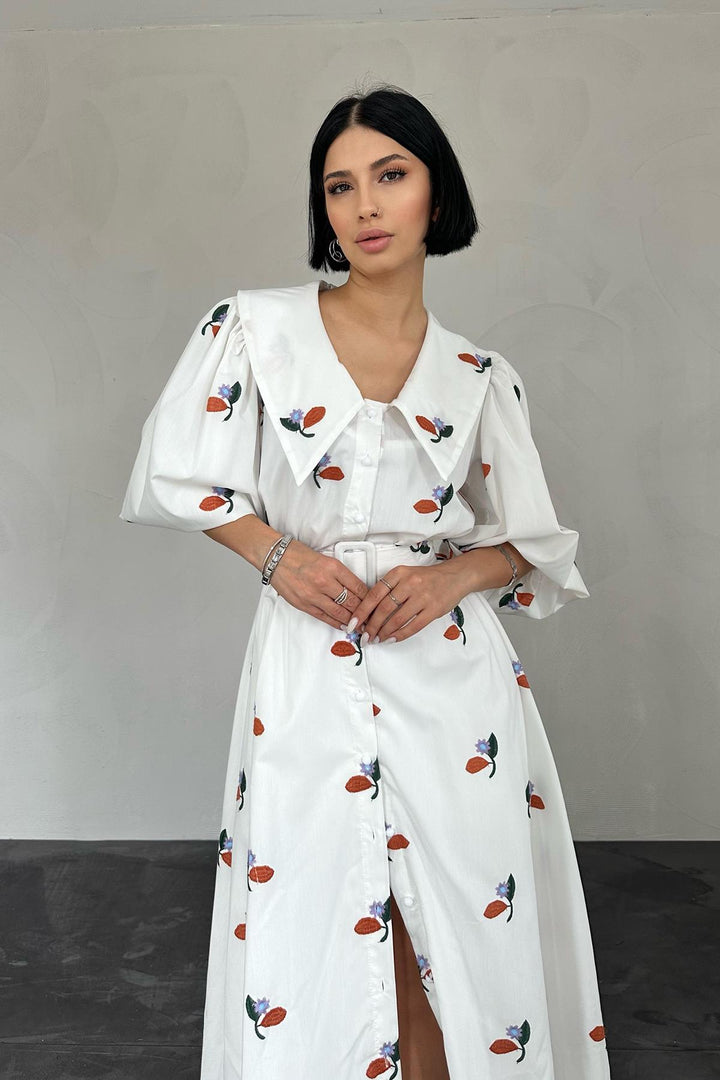 ELS Dress with Floral Patterned Collar and Belt - Blue - Waukegan