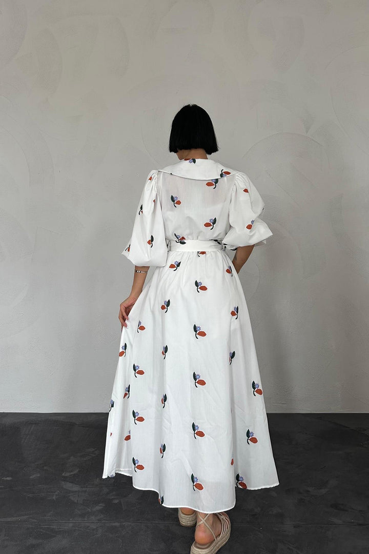 ELS Dress with Floral Patterned Collar and Belt - Blue - Waukegan