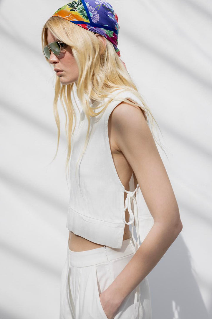 BSL Women Crop Linen Blouse with Side Tie - Alghero
