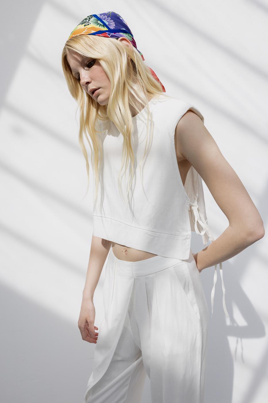 BSL Women Crop Linen Blouse with Side Tie - Alghero