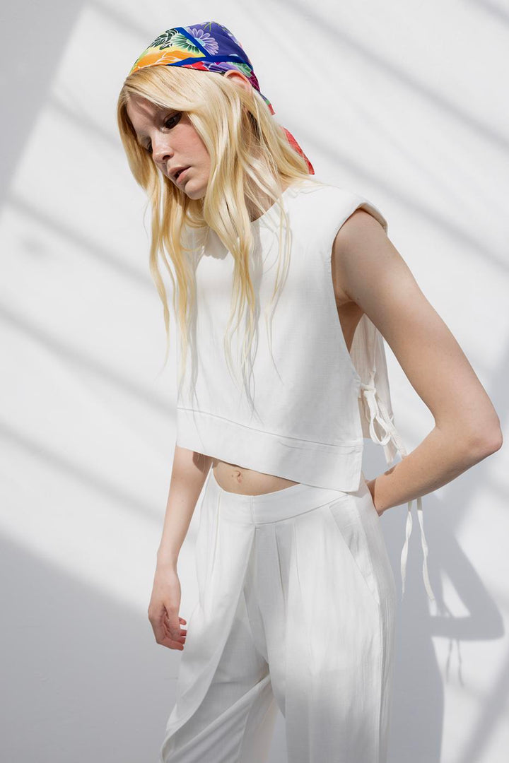 BSL Women Crop Linen Blouse with Side Tie - Alghero