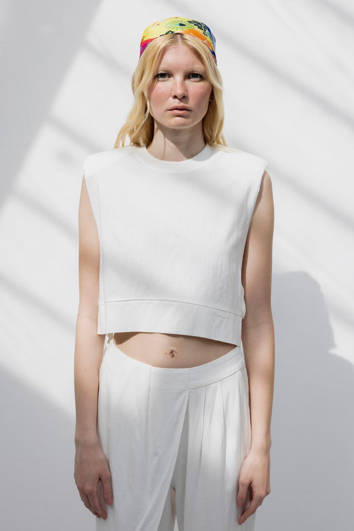 BSL Women Crop Linen Blouse with Side Tie - Alghero
