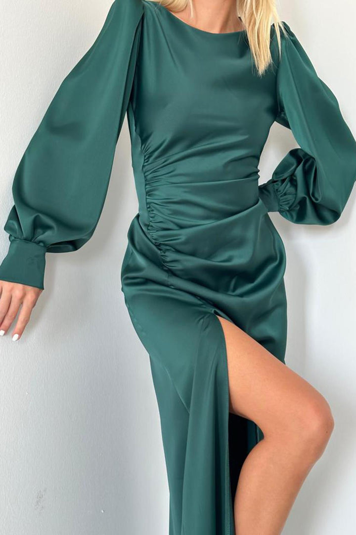 ELS Side Ruched Slit Satin Dress - Emerald - Asti