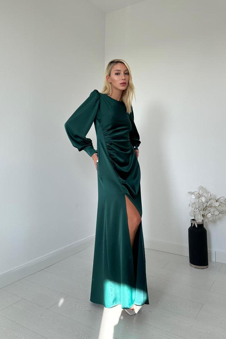 ELS Side Ruched Slit Satin Dress - Emerald - Asti
