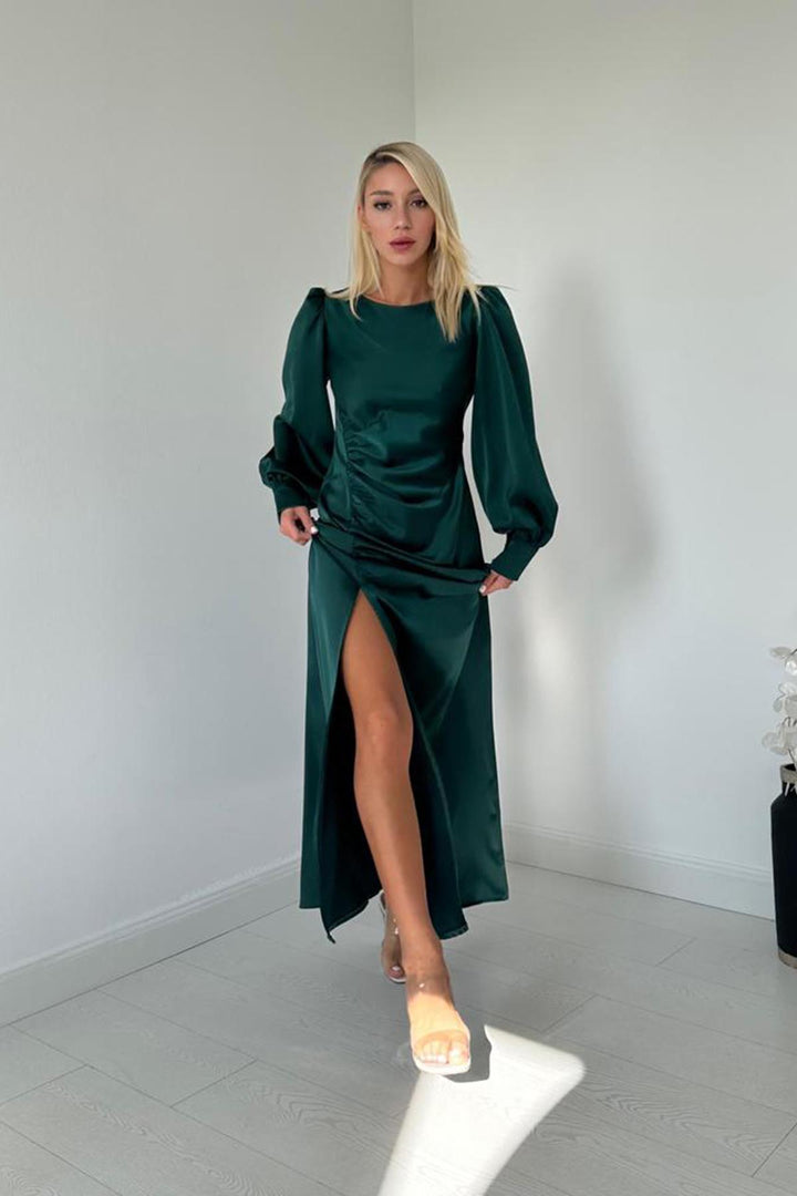 ELS Side Ruched Slit Satin Dress - Emerald - Asti