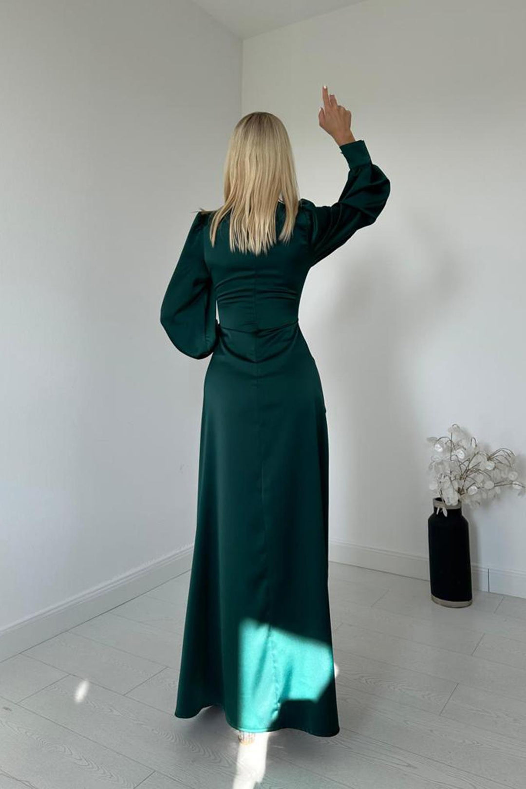 ELS Side Ruched Slit Satin Dress - Emerald - Asti