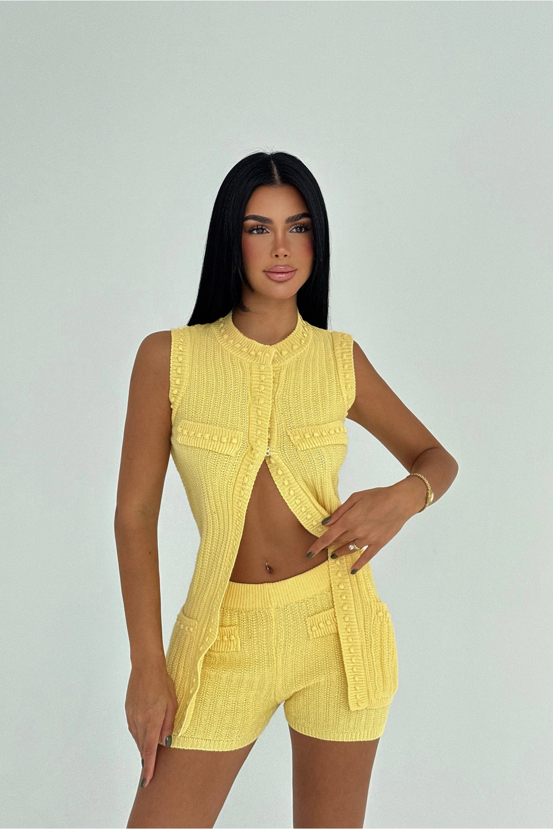 EYY Women Yellow Alfie Mini Shorts Knit Set - Tarrasa