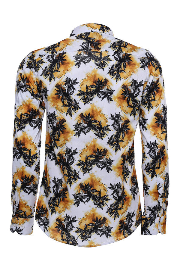 WSS Yellow Black Leaf Patterned Long Sleeves White Men Shirt  - Backnang