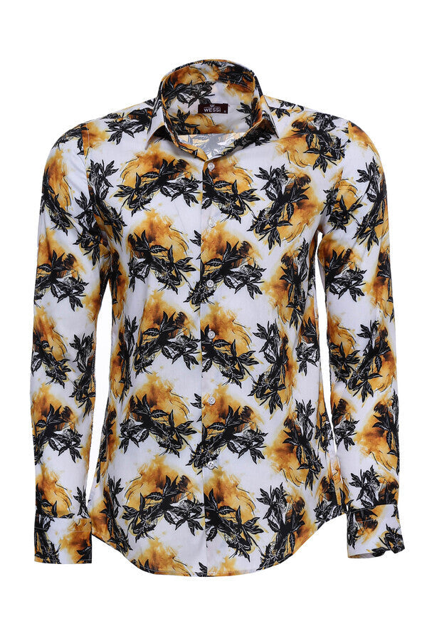 WSS Yellow Black Leaf Patterned Long Sleeves White Men Shirt  - Backnang