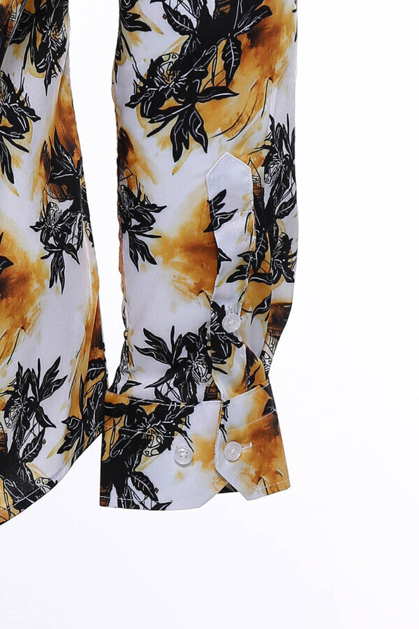 WSS Yellow Black Leaf Patterned Long Sleeves White Men Shirt  - Backnang